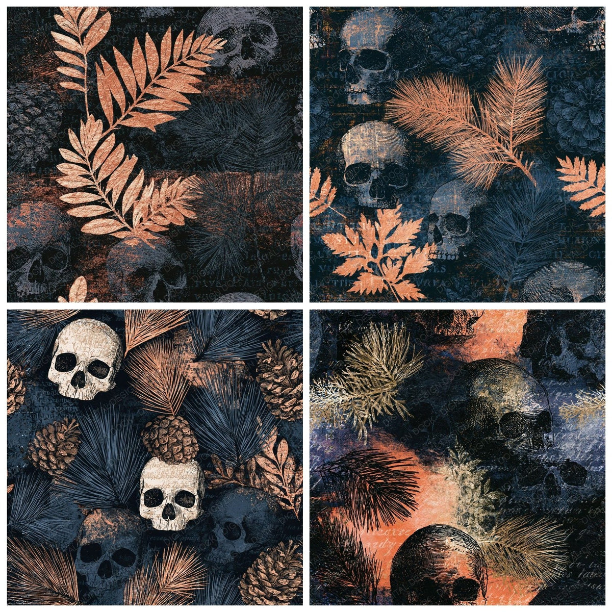 Four Scratchboard Skulls Pine Cedar Seamless digital papers from the pack shown in a grid