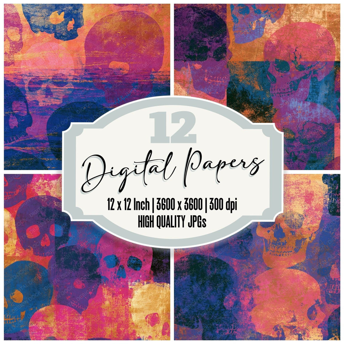 Screenprint Skulls Amethyst Rose Abstract digital paper pack cover showing four of the 12 papers