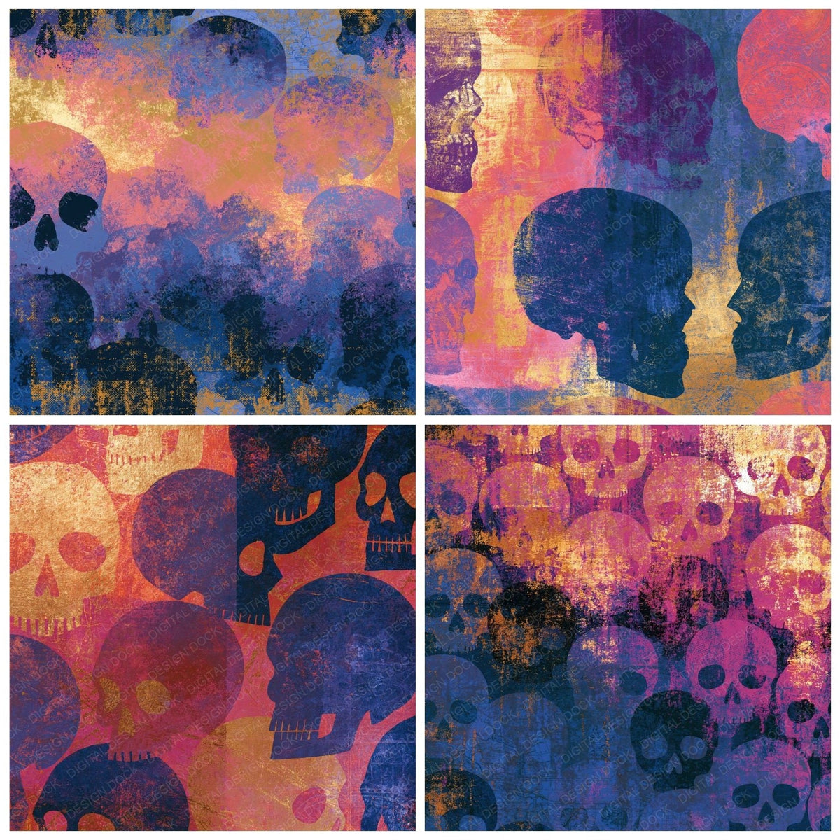 Four Screenprint Skulls Amethyst Rose Abstract digital papers from the pack shown in a grid