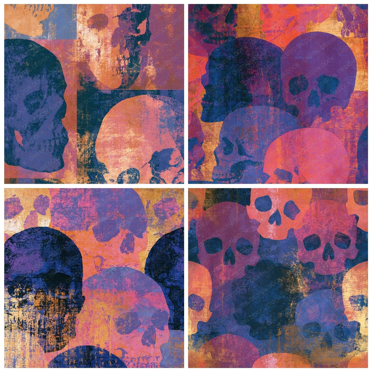 Four more Screenprint Skulls Amethyst Rose Abstract digital papers from the pack shown in a grid