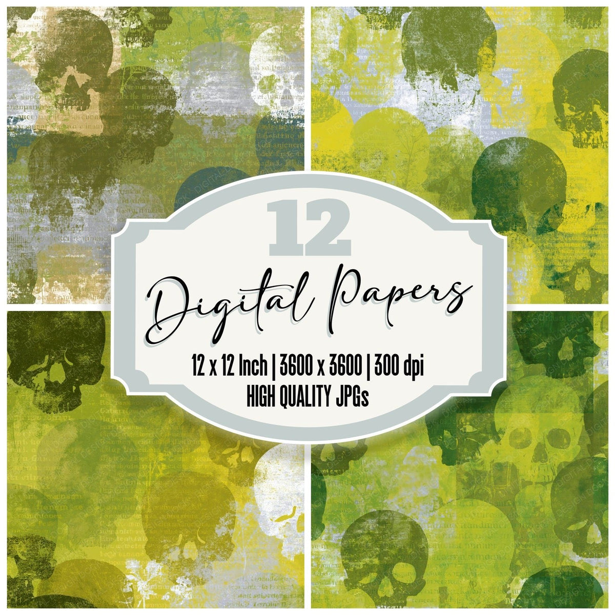 Screenprint Skulls Olive Chartreuse digital paper pack cover showing four of the 12 papers