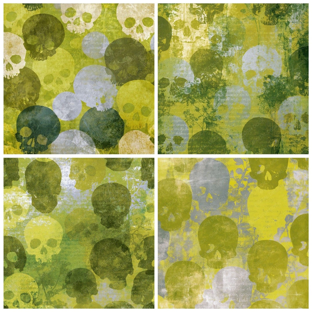 Four Screenprint Skulls Olive Chartreuse digital papers from the pack shown in a grid