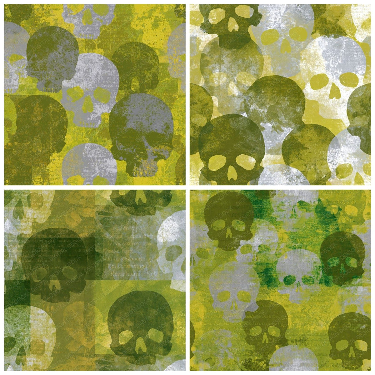 Four more Screenprint Skulls Olive Chartreuse digital papers from the pack shown in a grid