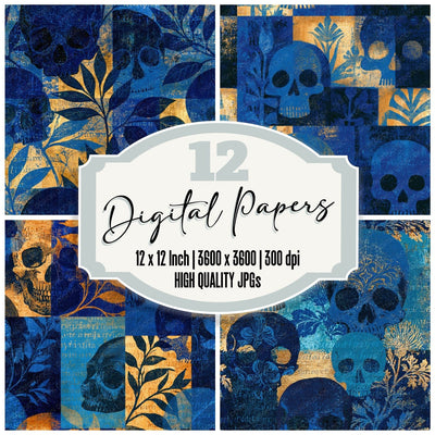 Woodblock Skulls Electric Blue Navy Seamless digital paper pack cover showing four of the 12 papers