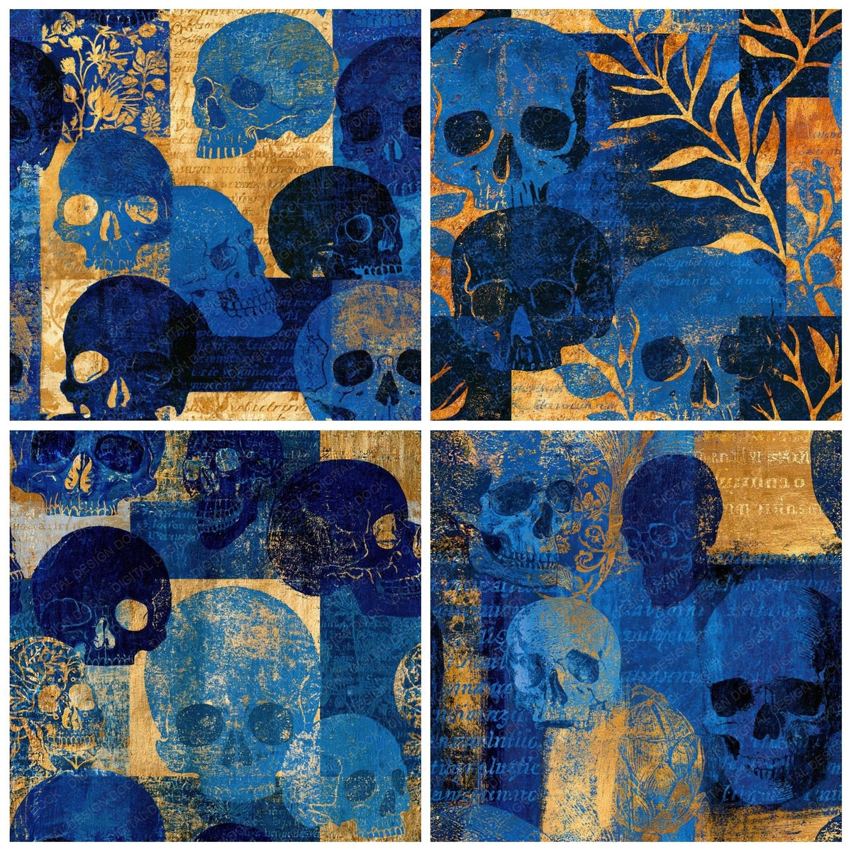 Four more Woodblock Skulls Electric Blue Navy Seamless digital papers from the pack shown in a grid