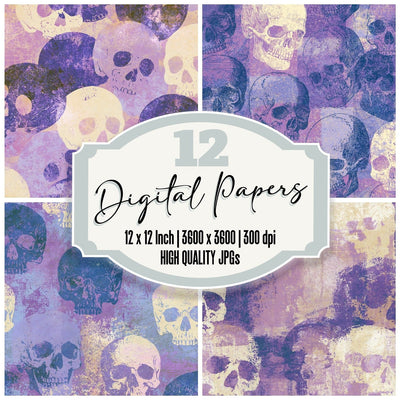 Woodblock Skulls Lavender Cream digital paper pack cover showing four of the 12 papers