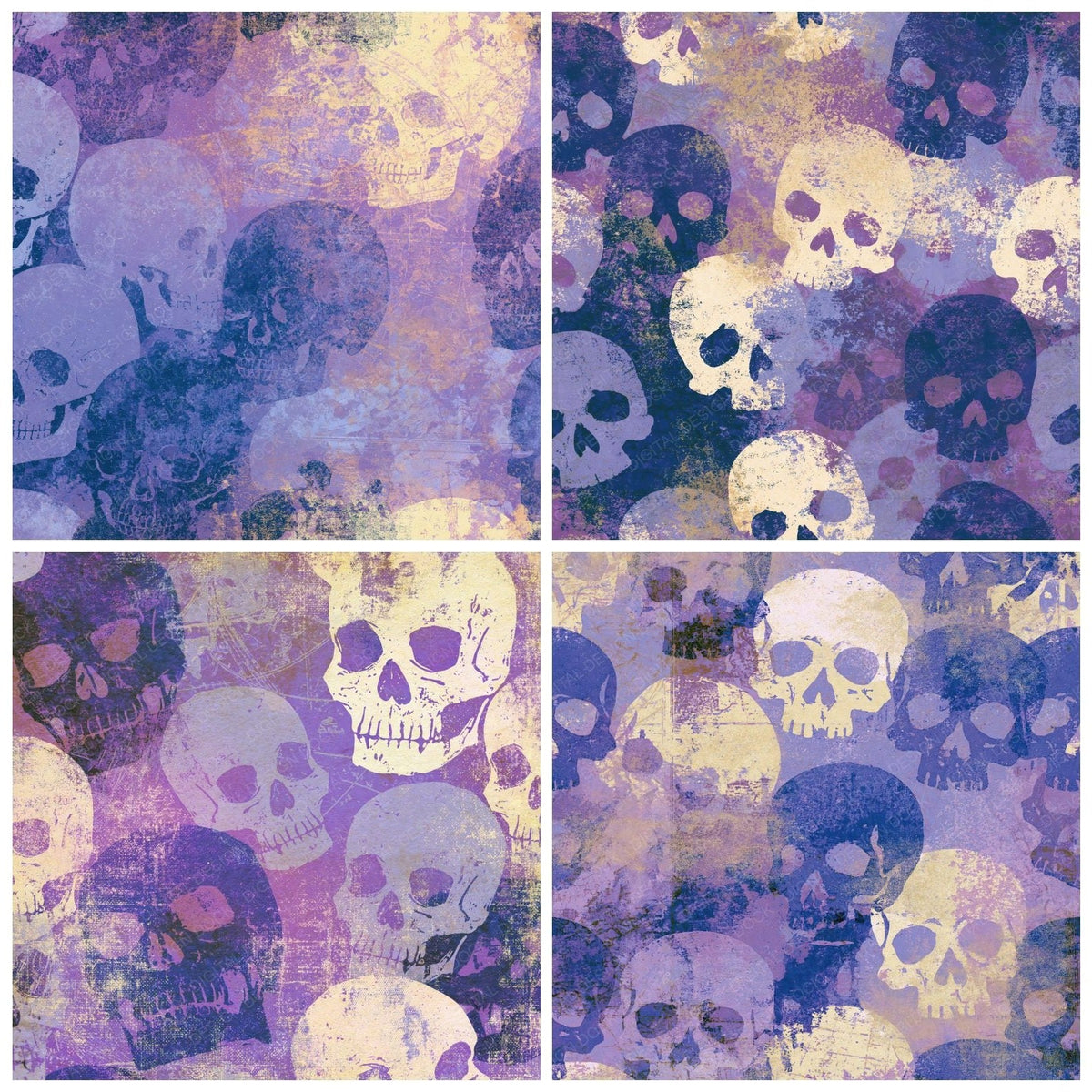 Four Woodblock Skulls Lavender Cream digital papers from the pack shown in a grid