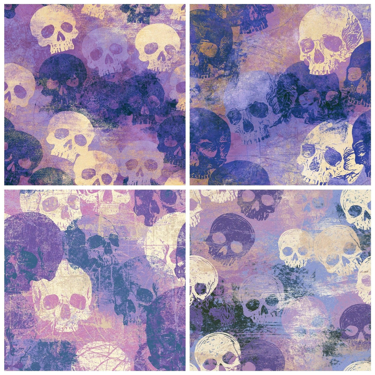 Four more Woodblock Skulls Lavender Cream digital papers from the pack shown in a grid