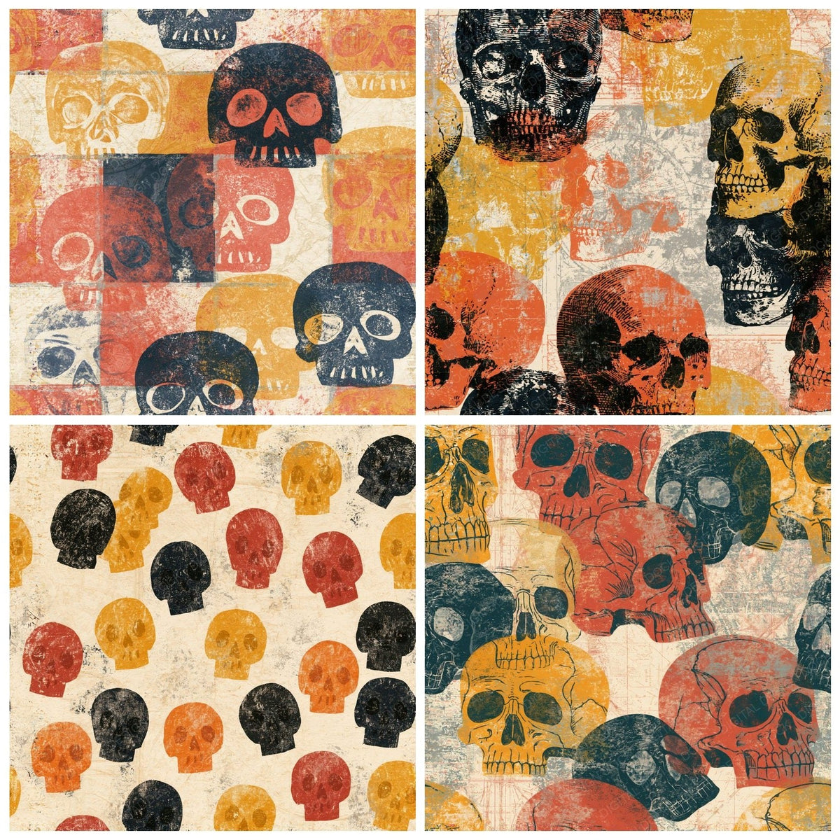 Four more Woodblock Skulls Terracotta Mustard Seamless digital papers from the pack shown in a grid