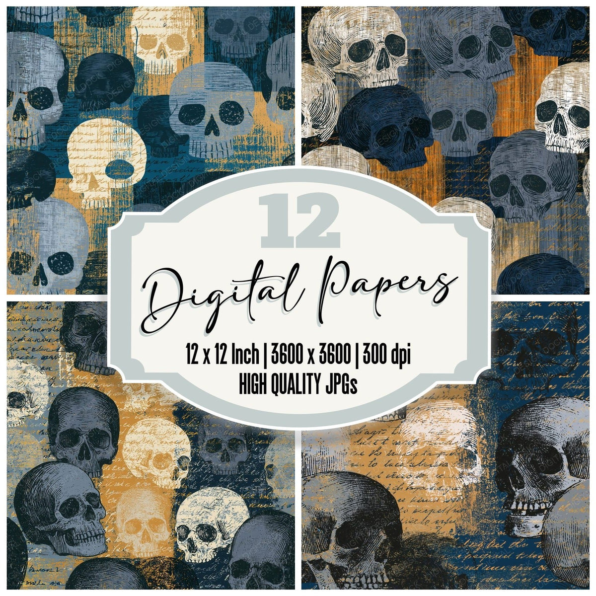 Woodcut Skulls Pewter Slate Seamless digital paper pack cover showing four of the 12 papers