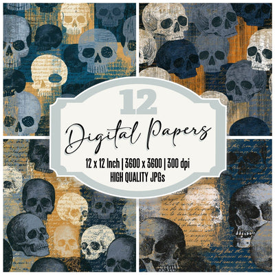 Woodcut Skulls Pewter Slate Seamless digital paper pack cover showing four of the 12 papers