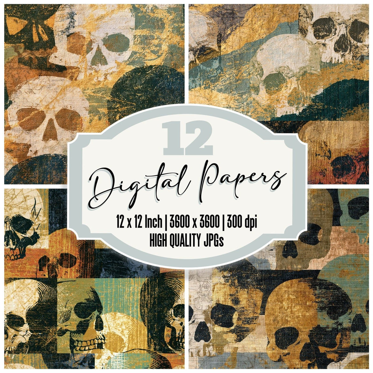 Woodcut Skulls Sepia Olive digital paper pack cover showing four of the 12 papers