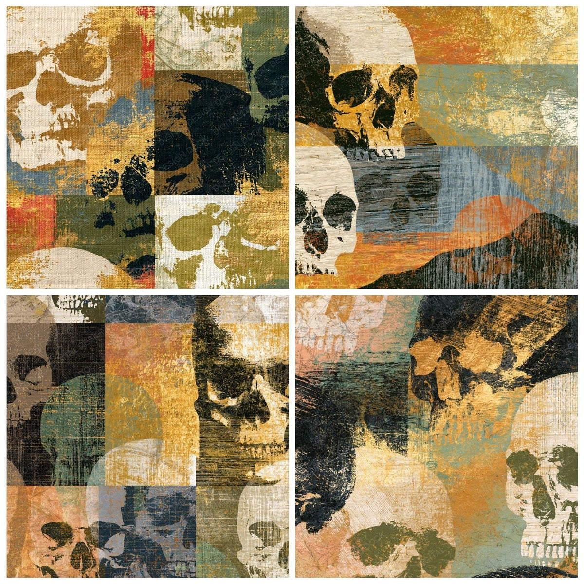 Four Woodcut Skulls Sepia Olive digital papers from the pack shown in a grid
