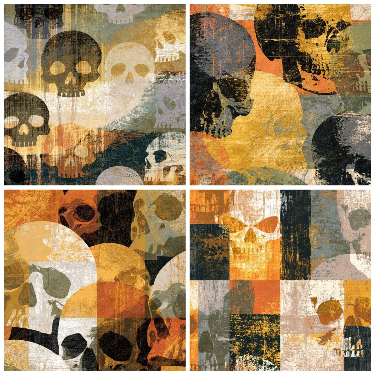 Four more Woodcut Skulls Sepia Olive digital papers from the pack shown in a grid