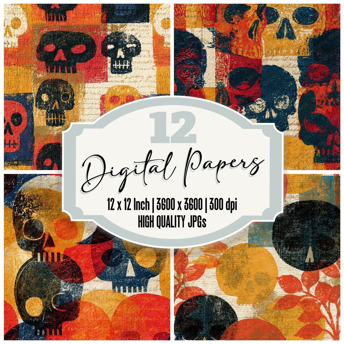 Woodcut Skulls Terracotta Mustard Seamless digital paper pack cover showing four of the 12 papers