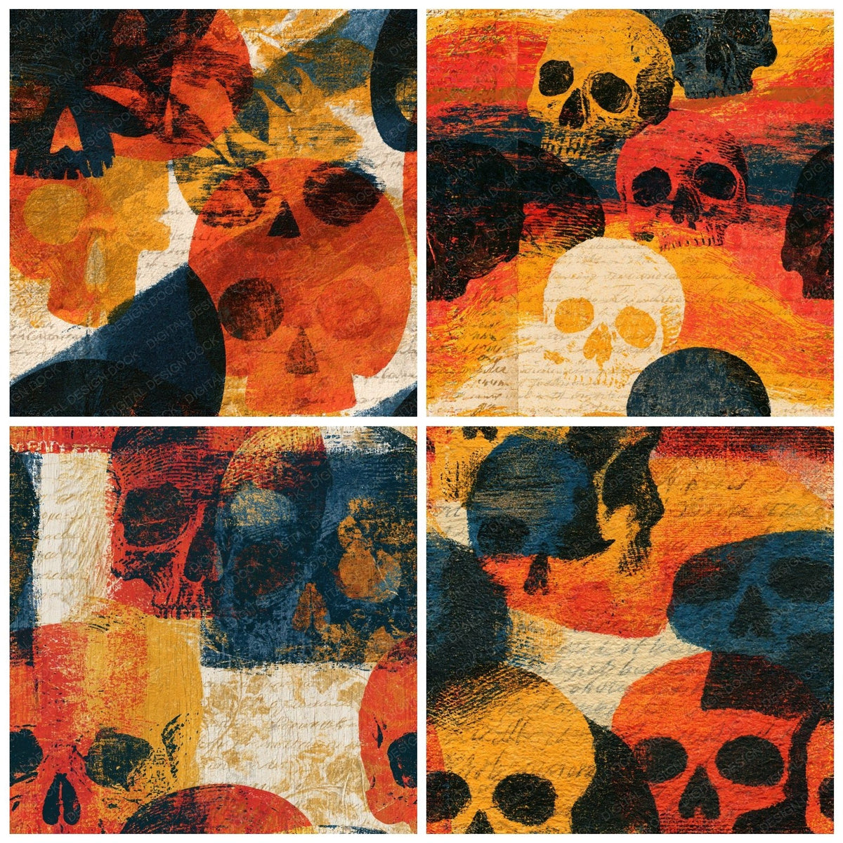 Four Woodcut Skulls Terracotta Mustard Seamless digital papers from the pack shown in a grid