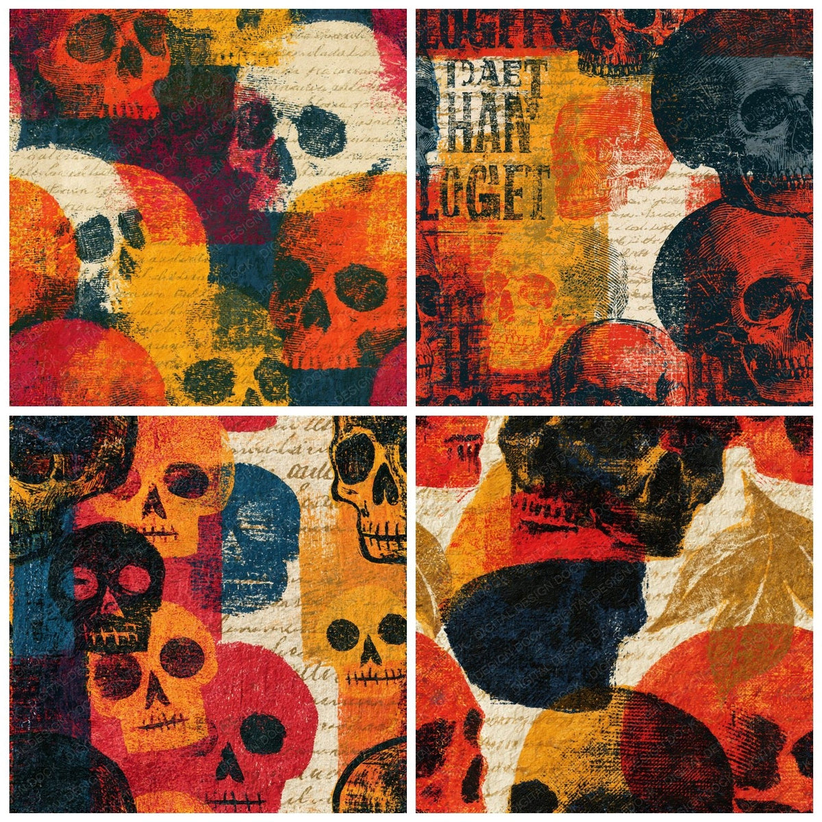 Four more Woodcut Skulls Terracotta Mustard Seamless digital papers from the pack shown in a grid
