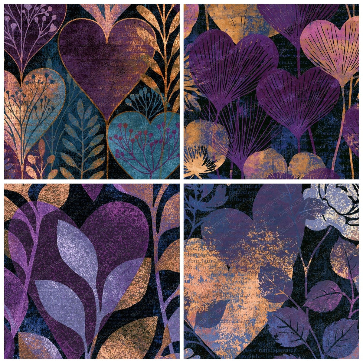 Four Etching Hearts Aubergine Pearl Abstract digital papers from the pack shown in a grid