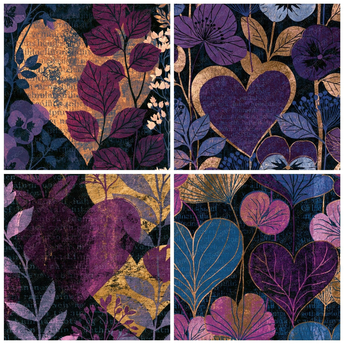 Four more Etching Hearts Aubergine Pearl Abstract digital papers from the pack shown in a grid