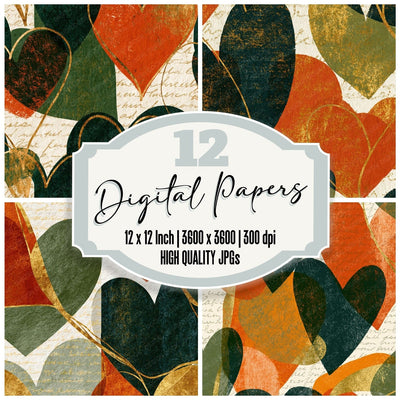 Lithograph Heart Outlines Avocado Orange Abstract digital paper pack cover showing four of the 12 papers