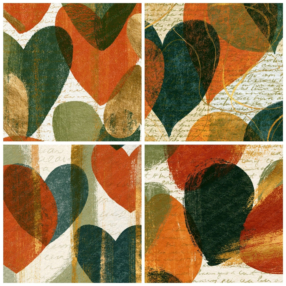 Four Lithograph Heart Outlines Avocado Orange Abstract digital papers from the pack shown in a grid