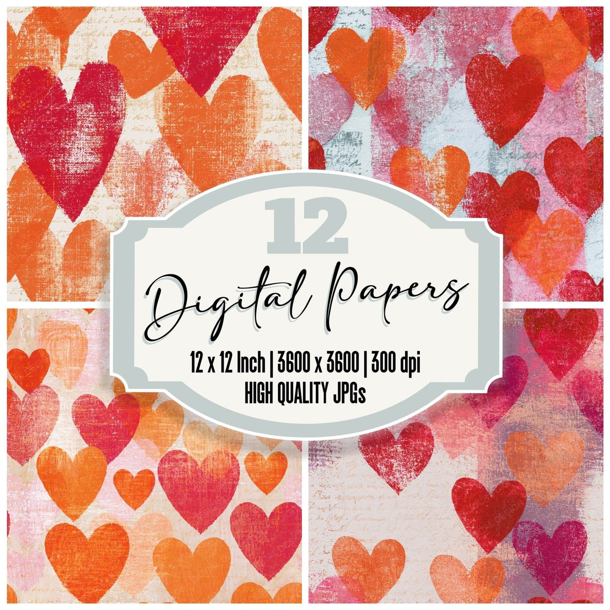 Monoprint Hearts Cherry Orange Seamless digital paper pack cover showing four of the 12 papers