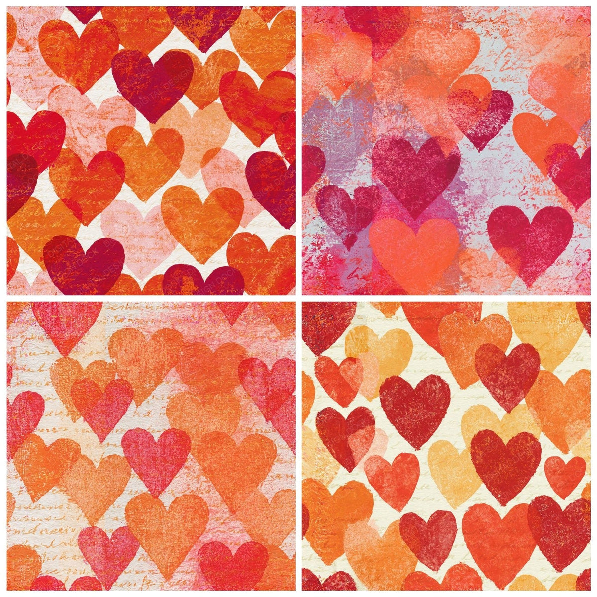 Four Monoprint Hearts Cherry Orange Seamless digital papers from the pack shown in a grid