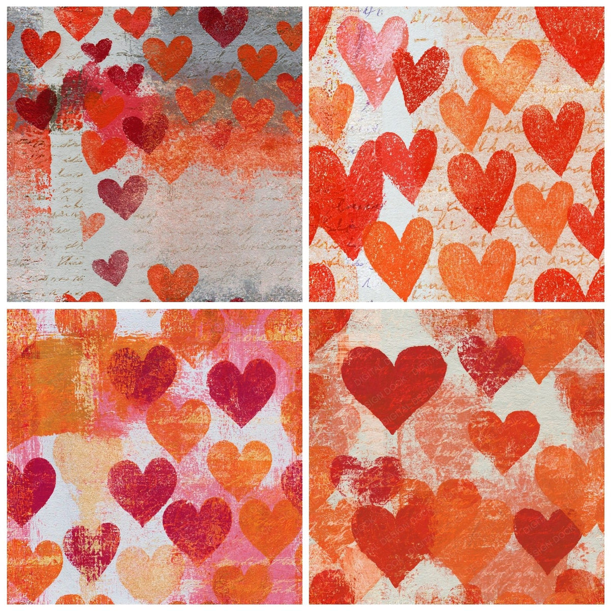 Four more Monoprint Hearts Cherry Orange Seamless digital papers from the pack shown in a grid