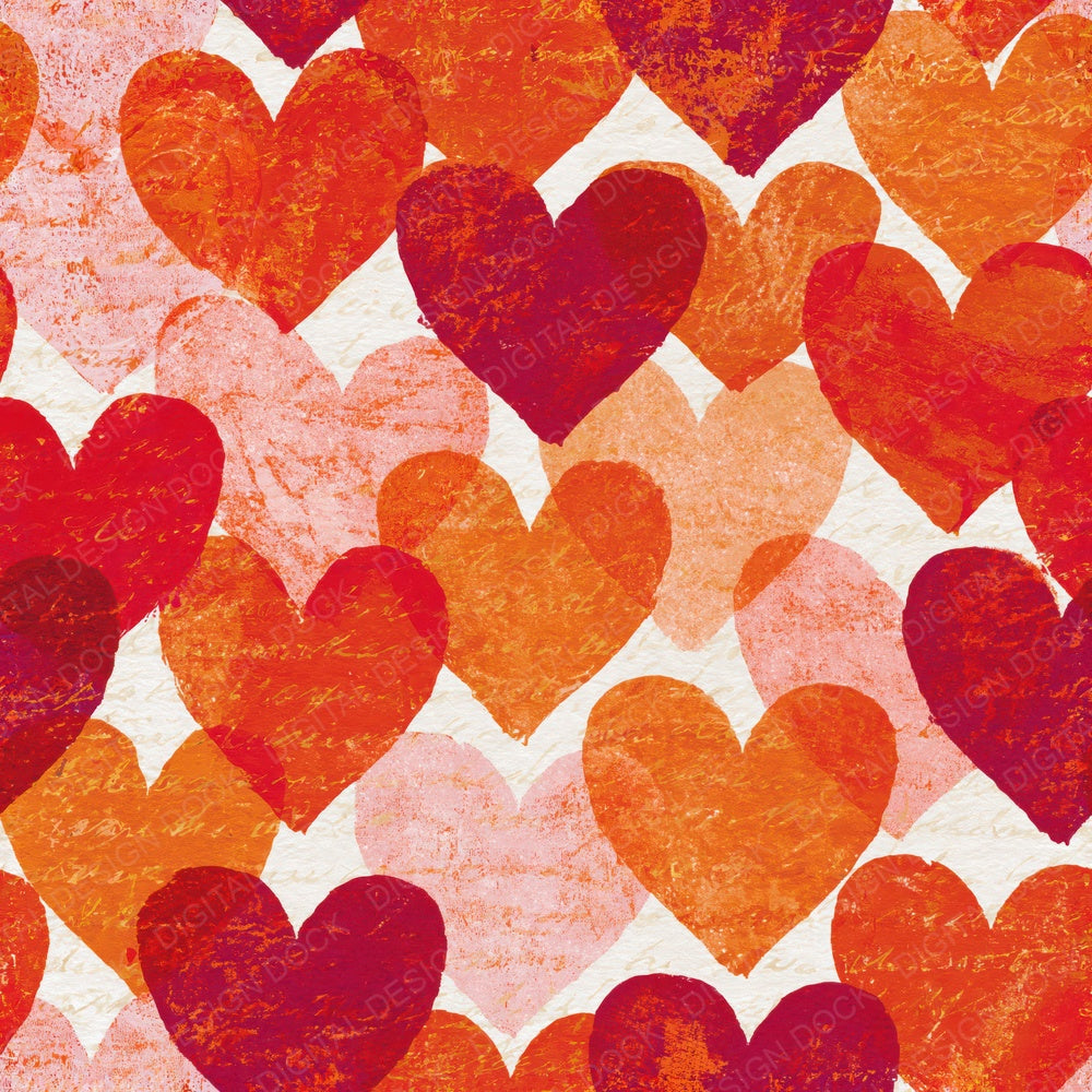 Single Monoprint Hearts Cherry Orange Seamless digital paper shown full size