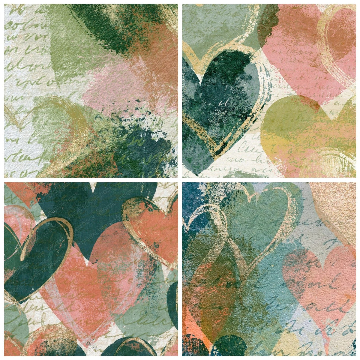 Four Monoprint Love Hearts Blush Green Abstract digital papers from the pack shown in a grid