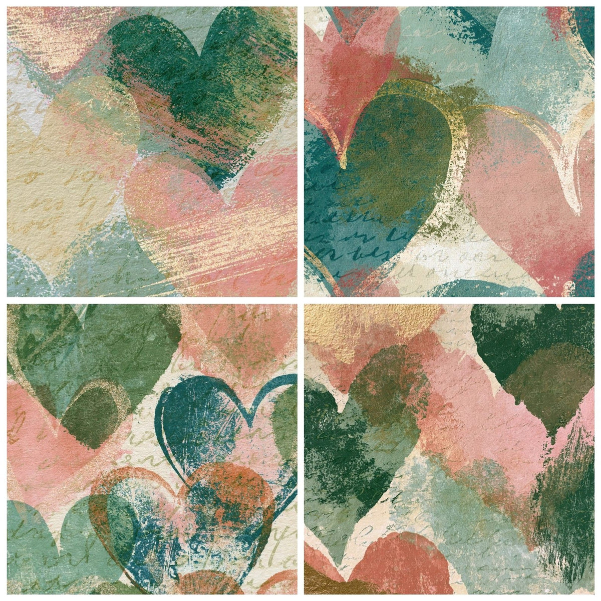 Four more Monoprint Love Hearts Blush Green Abstract digital papers from the pack shown in a grid