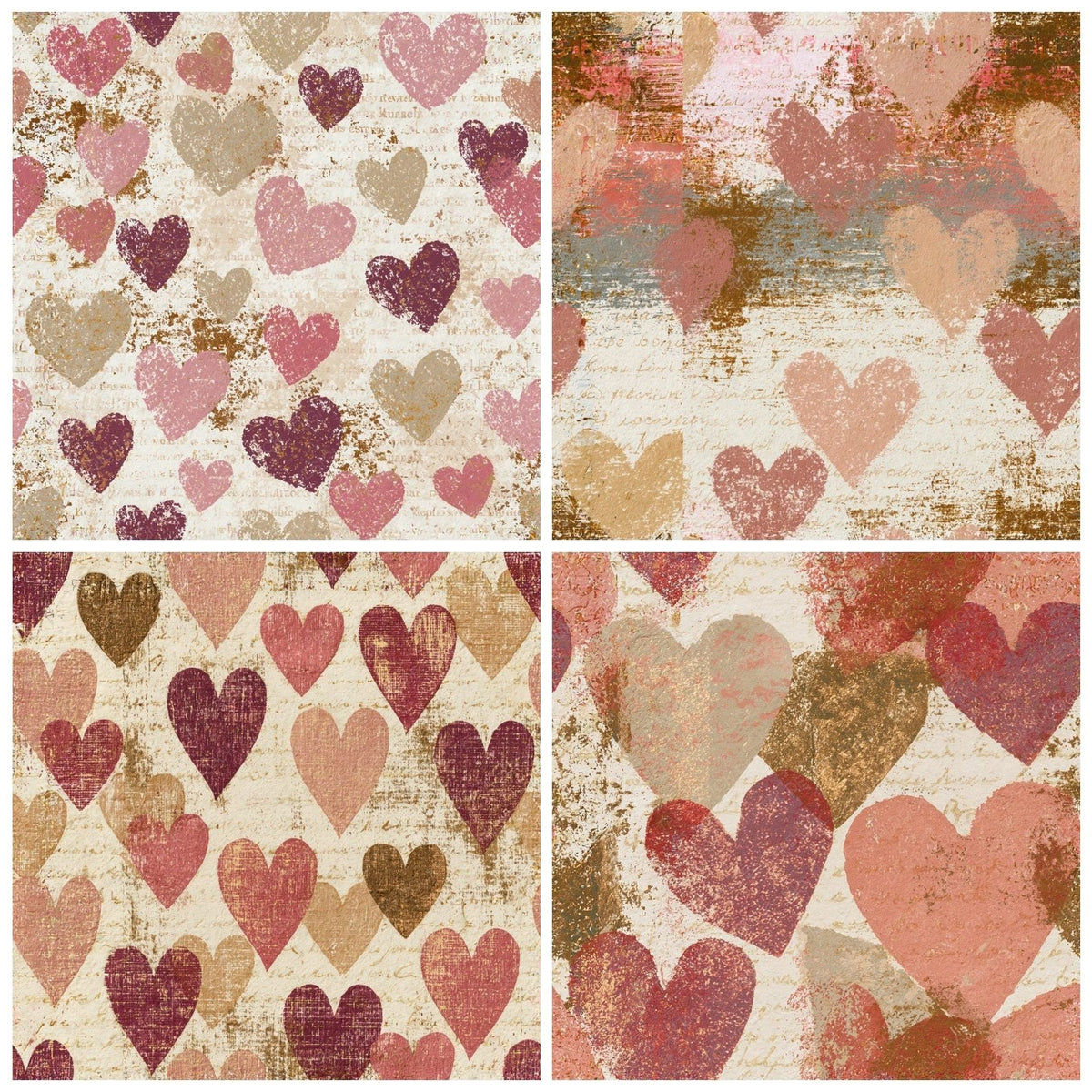 Four Monoprint Love Hearts Dusty Pink Seamless digital papers from the pack shown in a grid