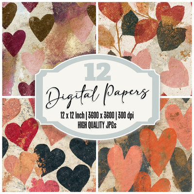 Monoprint Love Hearts Tobacco Rose Seamless digital paper pack cover showing four of the 12 papers