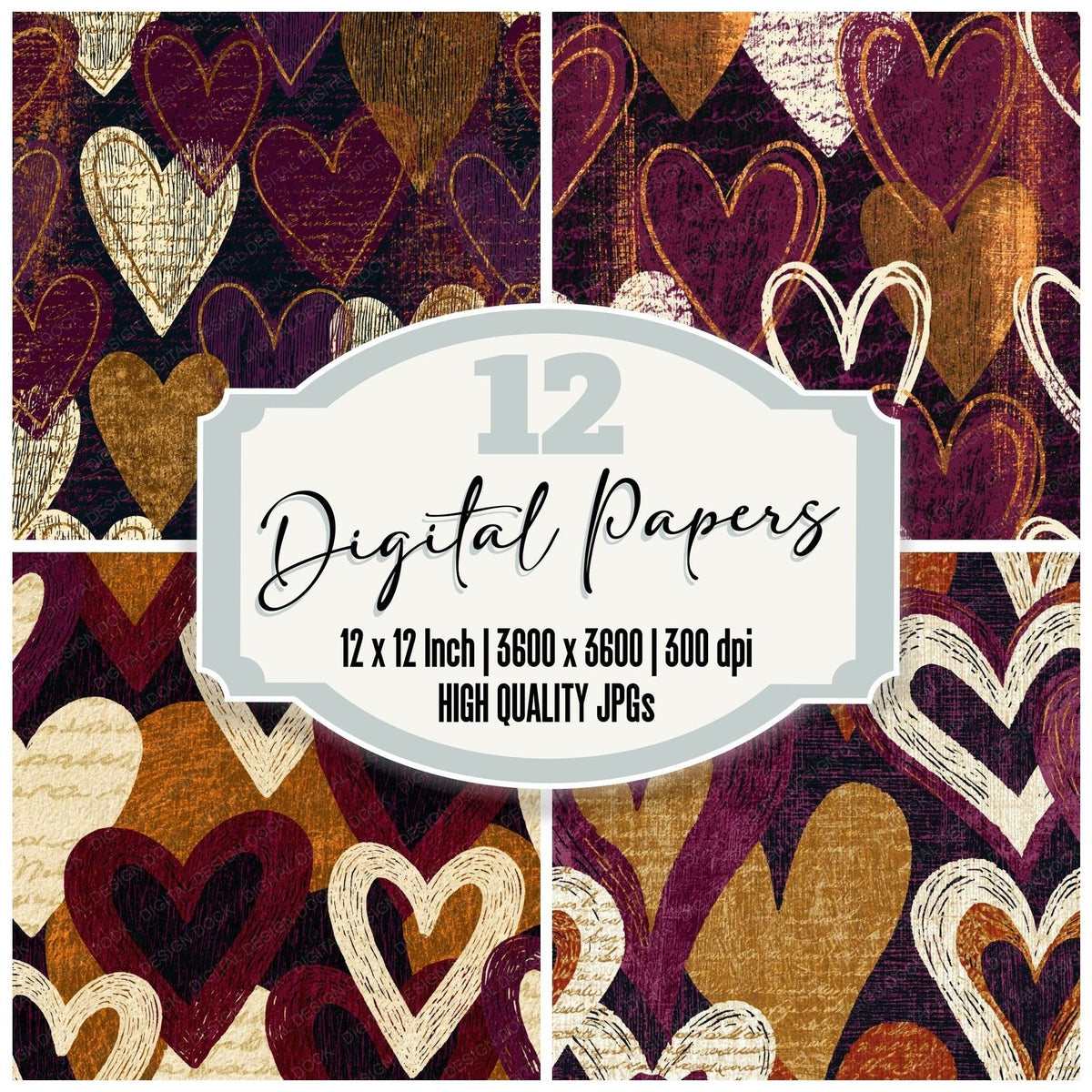 Scratchboard Hearts Merlot Cream Abstract digital paper pack cover showing four of the 12 papers
