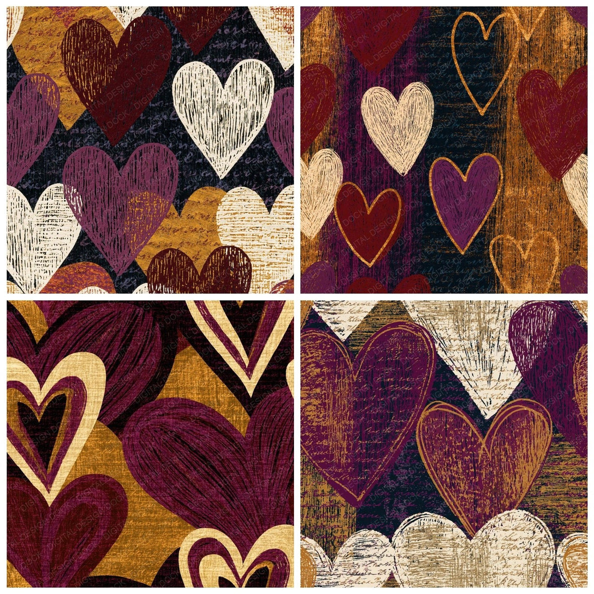 Four Scratchboard Hearts Merlot Cream Abstract digital papers from the pack shown in a grid