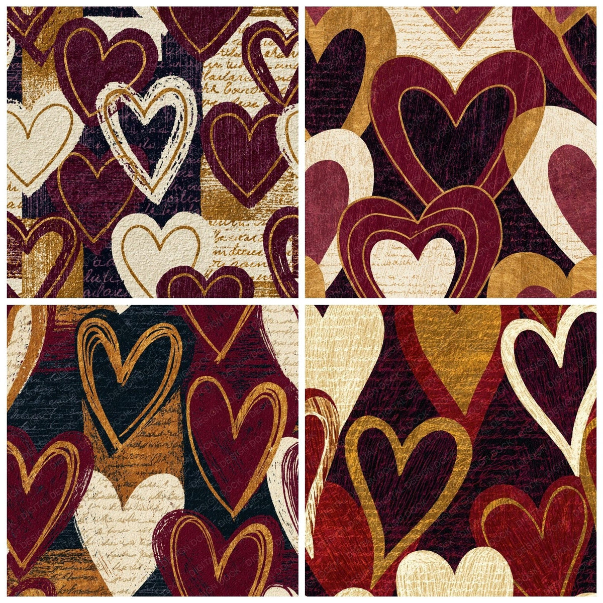 Four more Scratchboard Hearts Merlot Cream Abstract digital papers from the pack shown in a grid