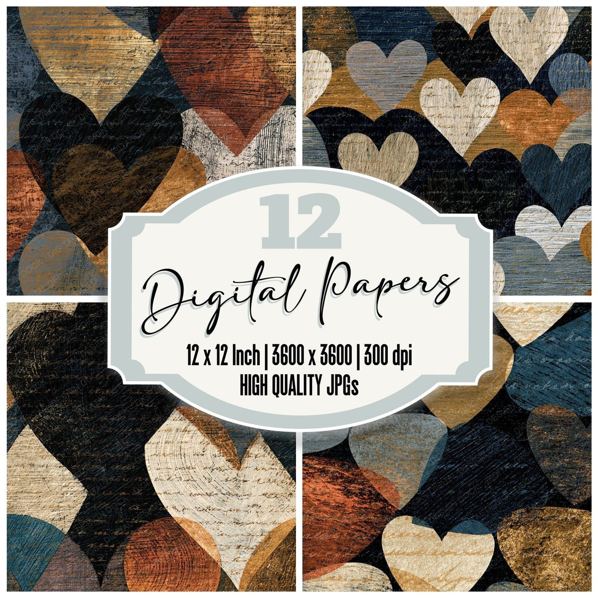 Scratchboard Hearts Mushroom Ivory Abstract digital paper pack cover showing four of the 12 papers
