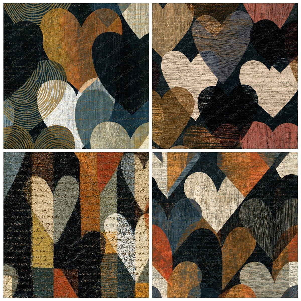 Four Scratchboard Hearts Mushroom Ivory Abstract digital papers from the pack shown in a grid