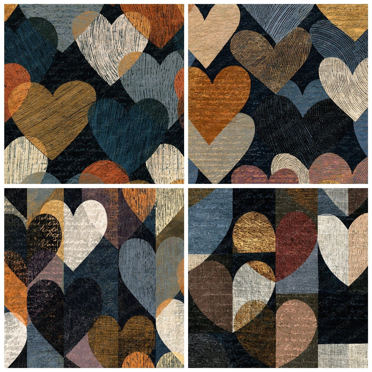 Four more Scratchboard Hearts Mushroom Ivory Abstract digital papers from the pack shown in a grid