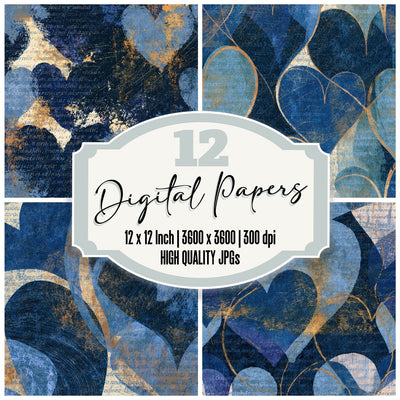 Scratchboard Love Hearts Denim Navy Abstract digital paper pack cover showing four of the 12 papers