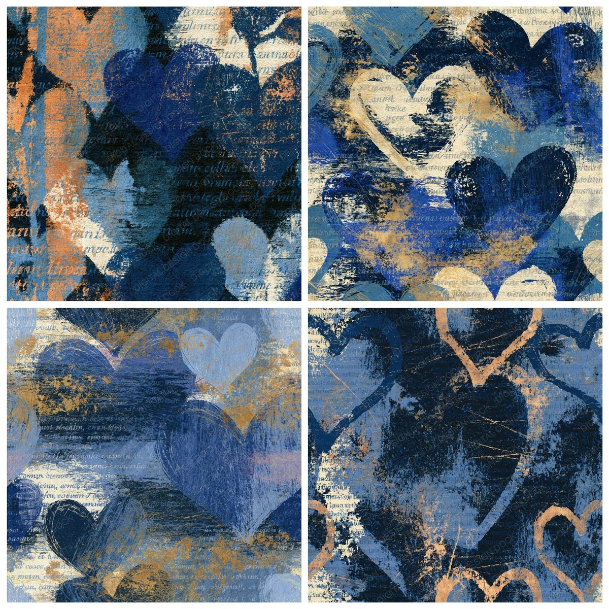 Four more Scratchboard Love Hearts Denim Navy Abstract digital papers from the pack shown in a grid