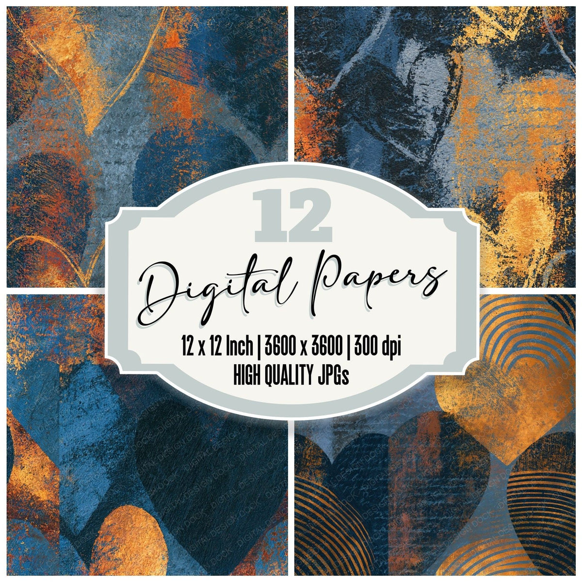 Scratchboard Love Hearts Gunmetal Rust Seamless digital paper pack cover showing four of the 12 papers