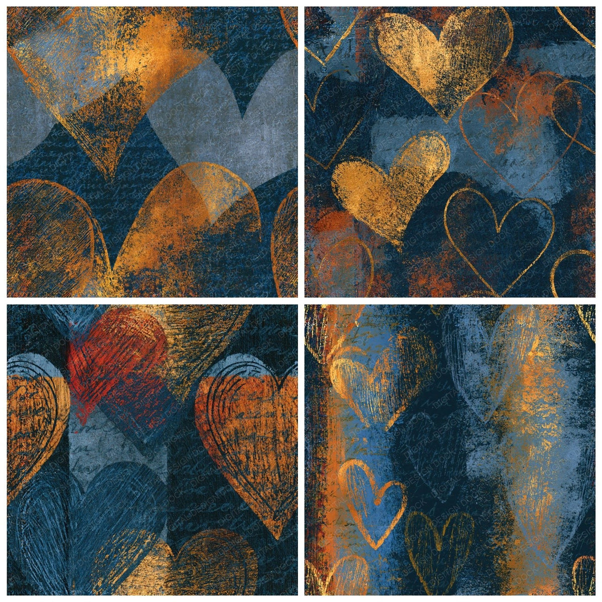 Four Scratchboard Love Hearts Gunmetal Rust Seamless digital papers from the pack shown in a grid