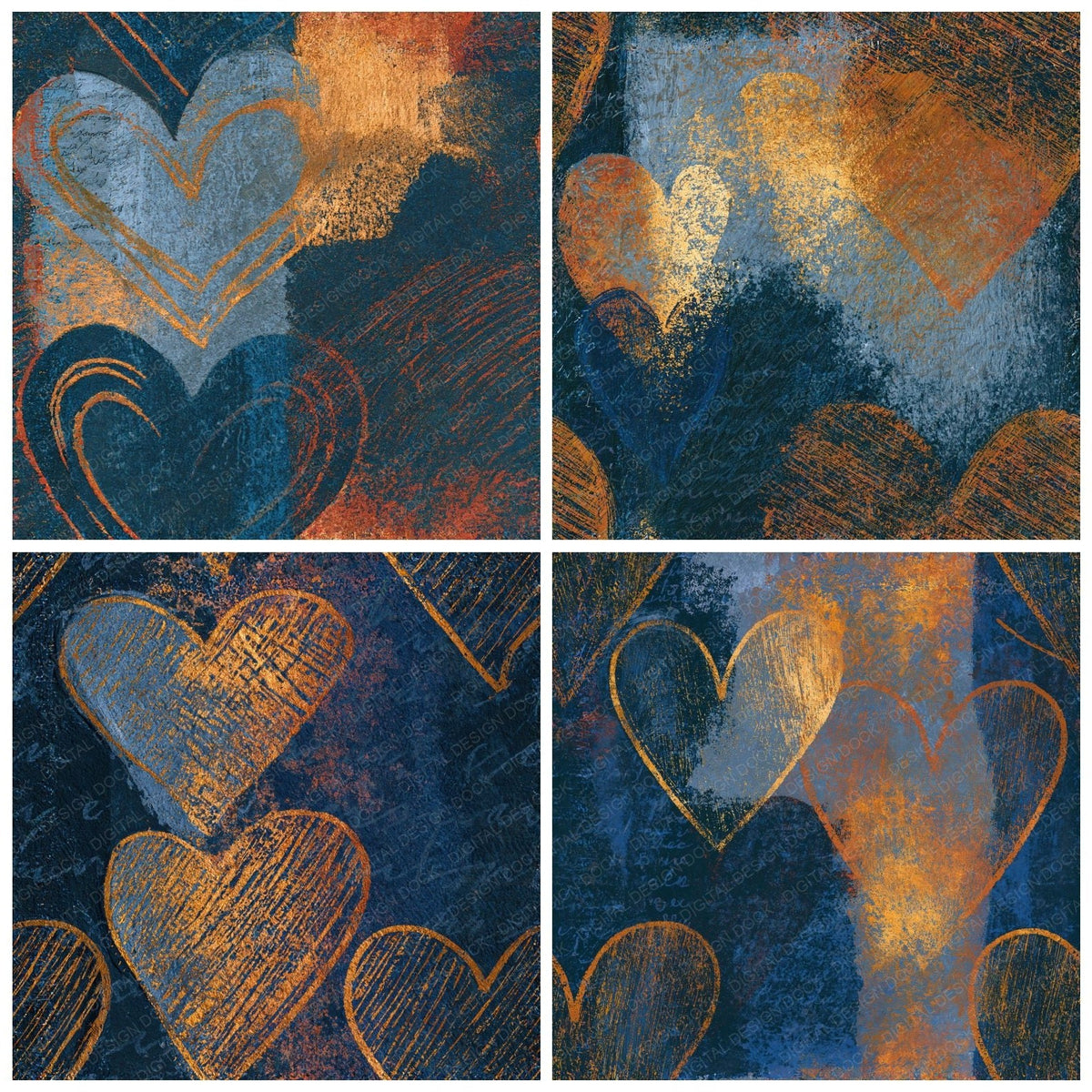 Four more Scratchboard Love Hearts Gunmetal Rust Seamless digital papers from the pack shown in a grid