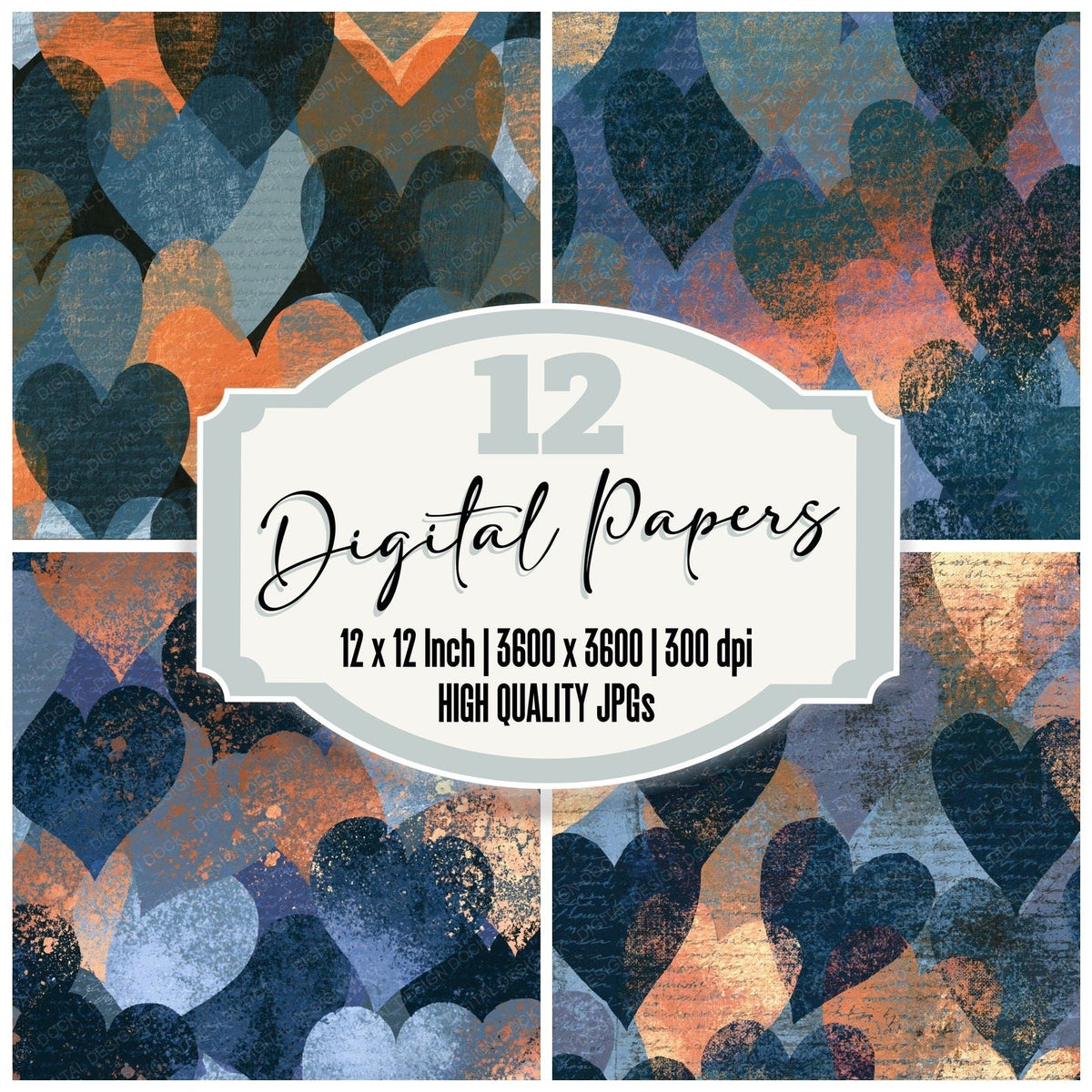 Screenprint Love Hearts Iron Slate digital paper pack cover showing four of the 12 papers