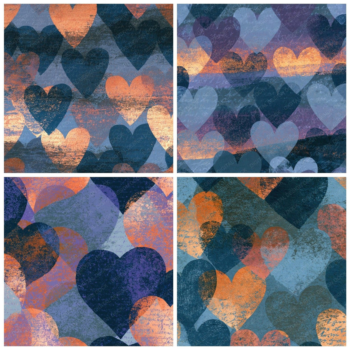 Four Screenprint Love Hearts Iron Slate digital papers from the pack shown in a grid