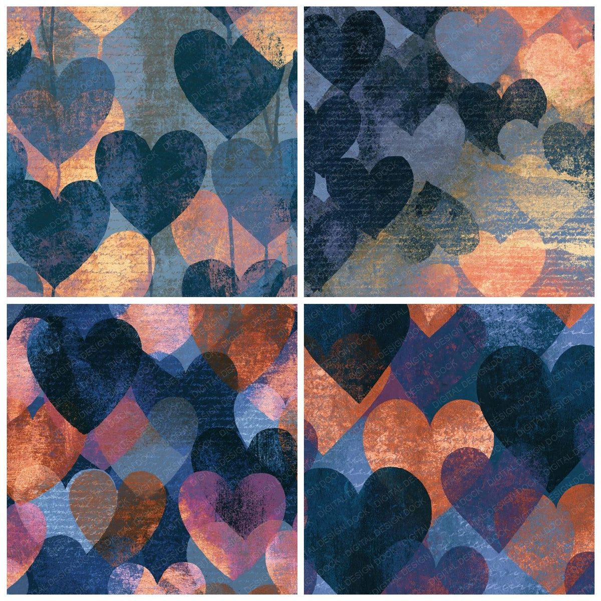 Four more Screenprint Love Hearts Iron Slate digital papers from the pack shown in a grid