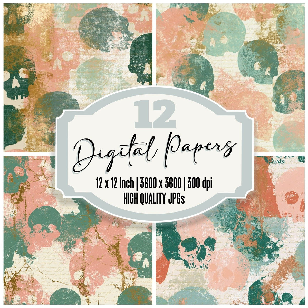 Screenprint Skulls Green Blush digital paper pack cover showing four of the 12 papers