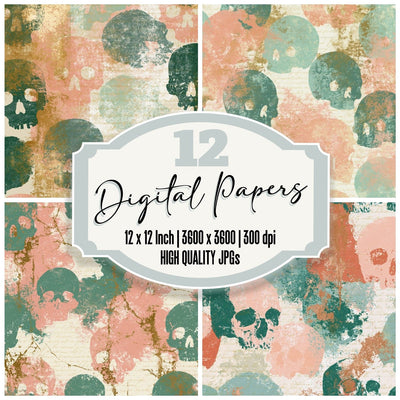 Screenprint Skulls Green Blush digital paper pack cover showing four of the 12 papers