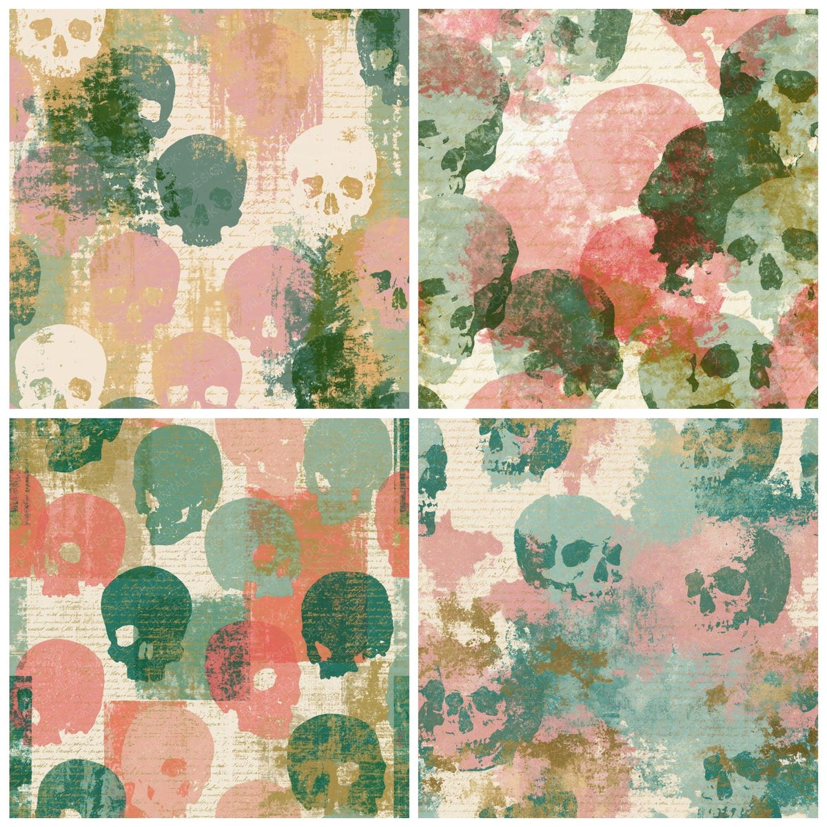 Four Screenprint Skulls Green Blush digital papers from the pack shown in a grid